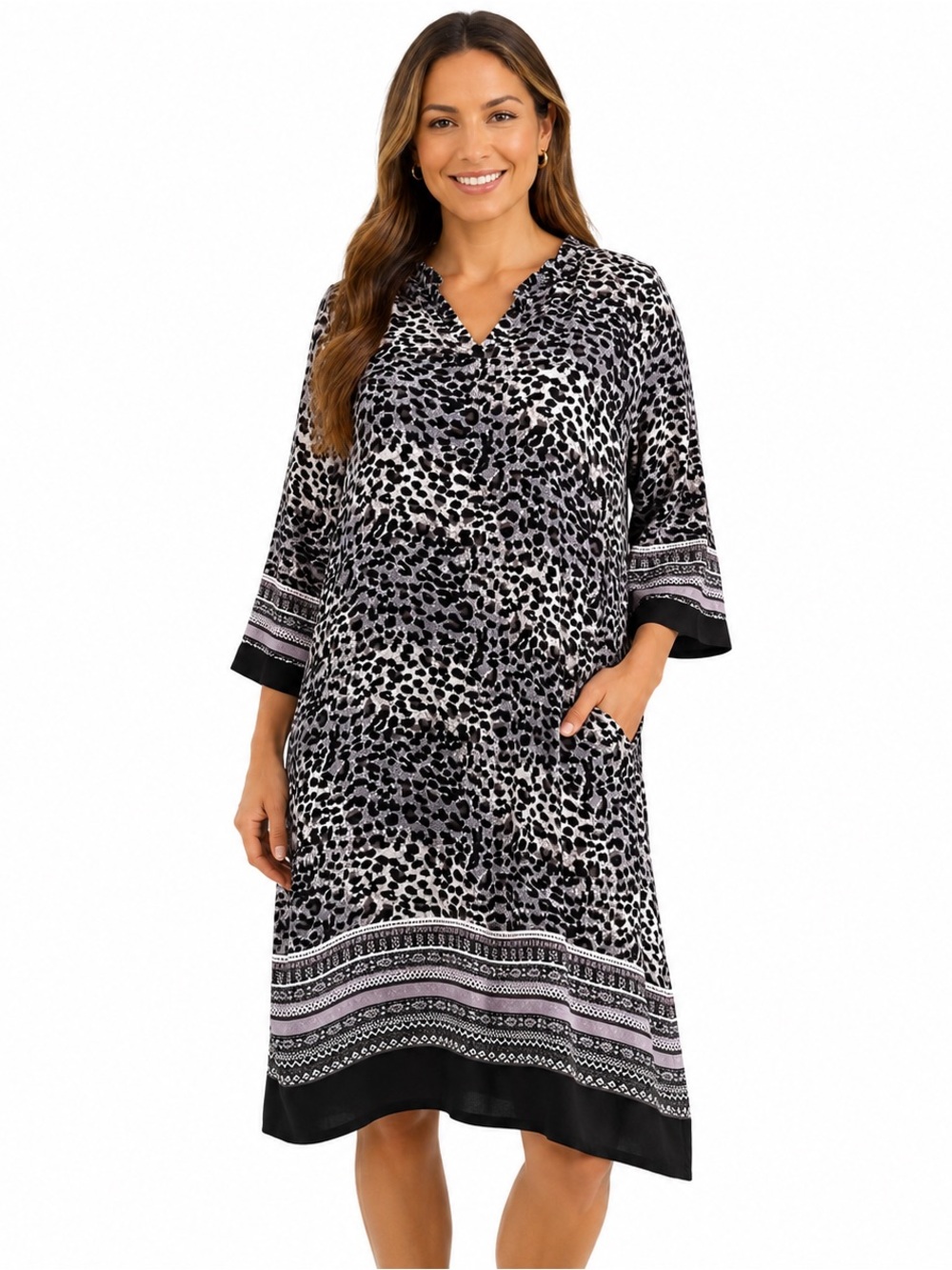 Masai Leopard‎ Print Tunic Dress Grey Black Purple Border Hem Midi Pockets M